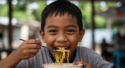 Happy child enjoying a bowl of noodles outdoors, with blurred background activity