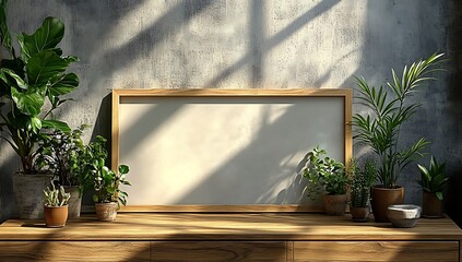 Blank Picture Frame Mockup on Wooden Tabletop with Plants

