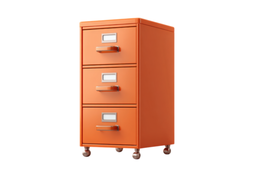 Orange three drawer mobile filing cabinet office storage, On Transparent Background, Png Image