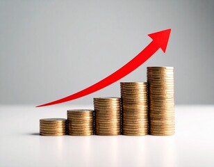 未来への投資：積み重ねられたコインと上昇する赤い矢印が示す金融成長の軌跡 - 資産形成と経済の希望