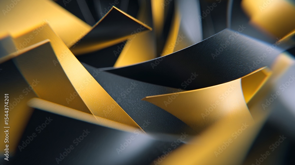 Poster abstract composition showing dynamic overlapping geometric forms in black and golden yellow hues.