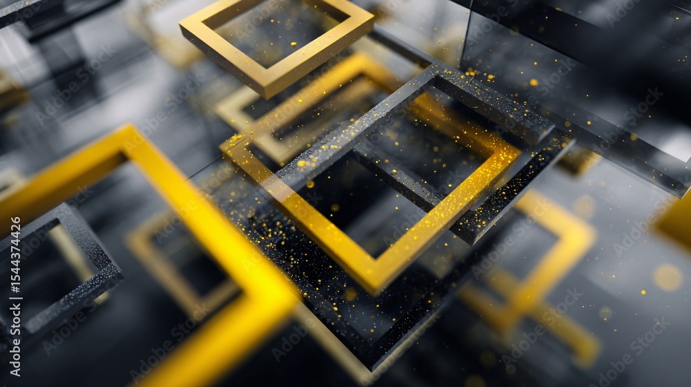 Poster geometric composition featuring layered squares in gold and charcoal, creating a modern abstract