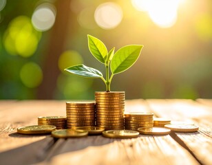 金銭的成長の象徴：積み重ねられた金貨から芽吹く緑の植物 - 投資と持続可能な未来へのメタファー