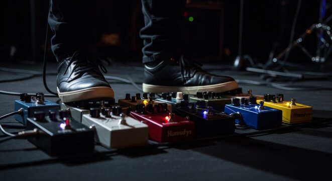 Musician's Feet Above a Row of Guitar Effects Pedals on Stage