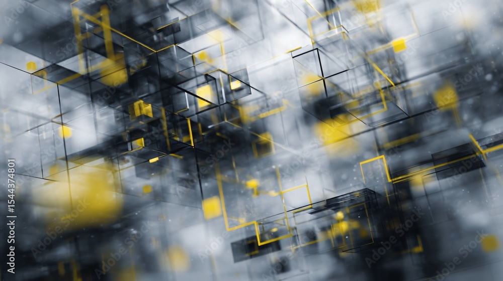 Poster an intricate network of illuminated yellow geometric shapes float in a gray, abstract space.