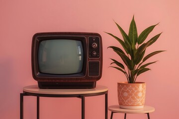 Vintage TV on Modern Stand with Houseplant – Retro Interior Decor Scene