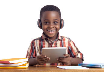 A happy young boy sitting at a table, wearing headphones and holding an iPad in his hands; white background; white desk with books on it; photorealistic
