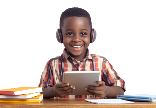 A happy young boy sitting at a table, wearing headphones and holding an iPad in his hands; white background; white desk with books on it; photorealistic