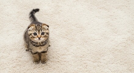 Adorable Scottish Fold Kitten Sitting on Fluffy Carpet, Cute Pet Cat