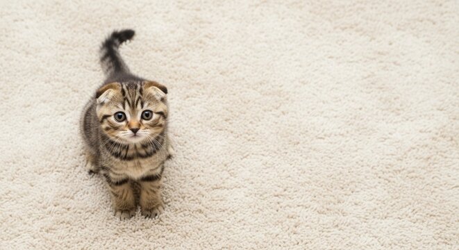 Adorable Scottish Fold Kitten Sitting on Fluffy Carpet, Cute Pet Cat