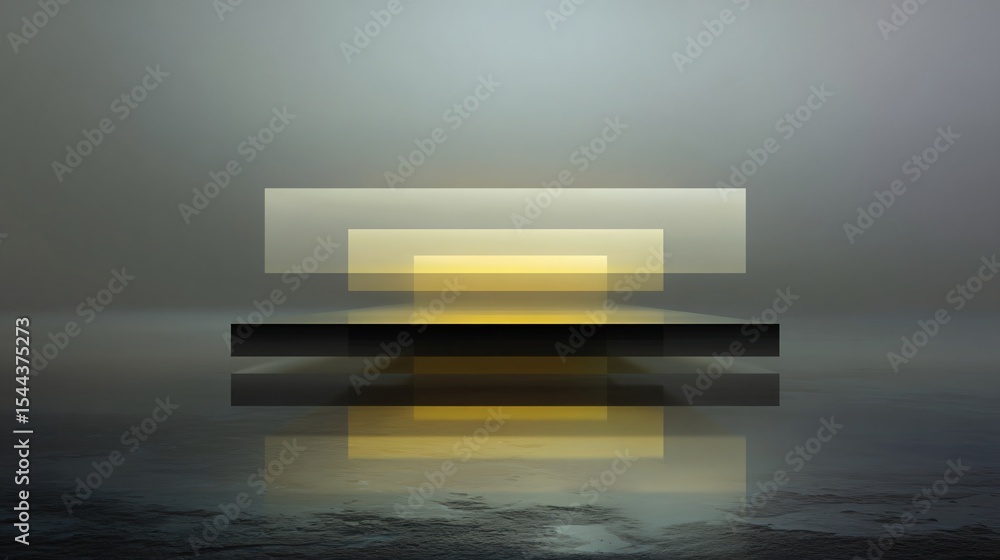 Poster geometric abstraction features layered rectangular forms with soft lighting and a reflective