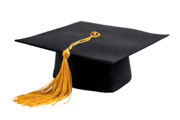 Graduation cap featuring black color and golden tassel, symbolizing academic success against transparent backdrop