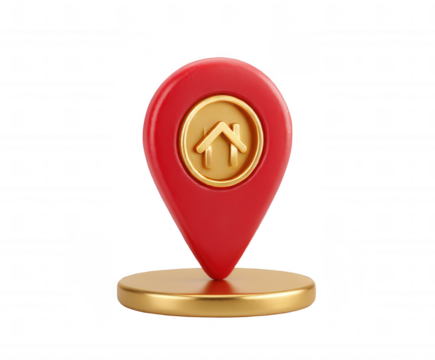 Red Gold 3D Location Pin Icon House Symbol Home Real Estate Property Finder Navigation Map Pointer App Design Element Modern Luxury Elegant Shiny Realistic GPS Buy Rent  