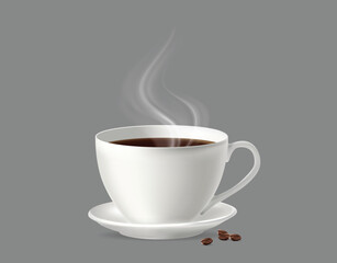 3d white realistic coffee cup with smoke isolated. Coffee cup beverage, cafe breakfast. Vector illustration