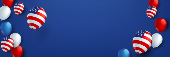 Obraz premium Patriotic balloons with USA flag design on a blue background, perfect for Fourth of July greetings, banners, or festive celebration graphics.