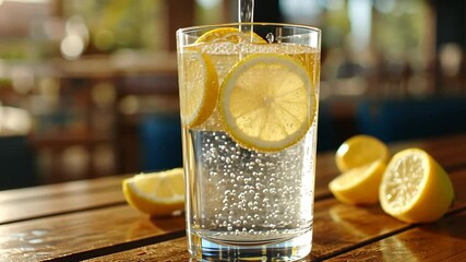 Sparkling water with lemon slices in sunlight - Powered by Adobe