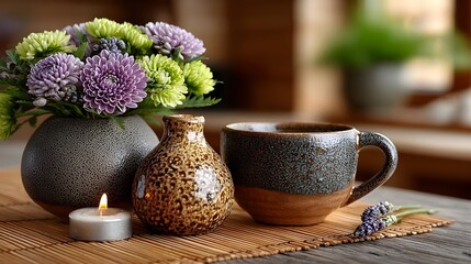 Cozy autumn tea, flowers, rustic table