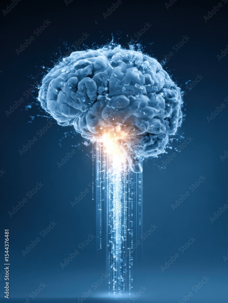 Poster digital brain igniting with a bright spark against a sleek cyber blue background creating a captivat