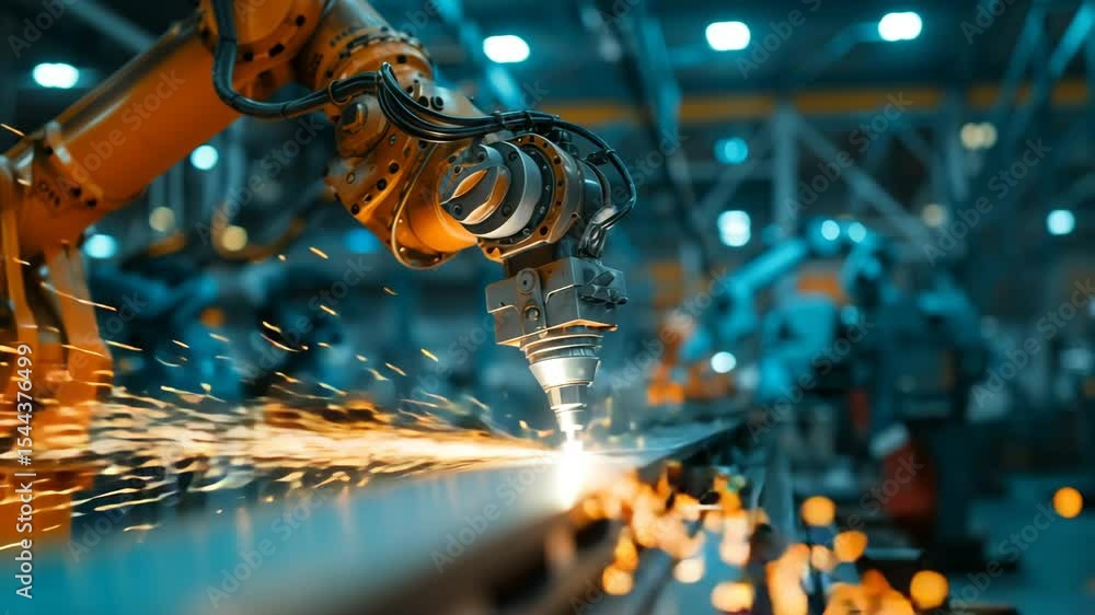 Poster close-up of an industrial robot performing automated welding with sparks.