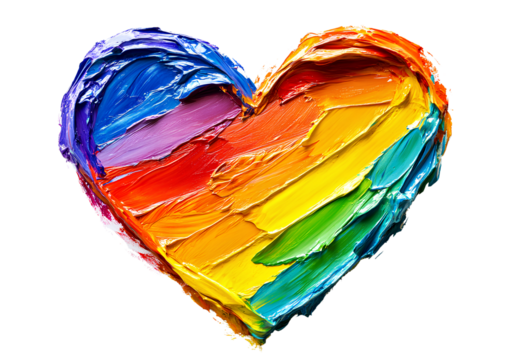 A heart painted in rainbow colors, symbolizing the pride and diversity of love on a white background with no shadows or text