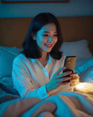 Asian woman lying on the white bed and playing smartphones during night time. She is chatting with her friend. Using phone in low light is impact to eyes. Health and social Concept. Ai Generative.
