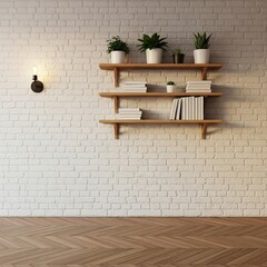 White Brick Wall with Wooden Shelves, Plants and Books, Interior Background