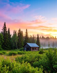 A rustic wooden cabin nestled among tall pine trees, bathed in warm golden hues of a vibrant sunset, casting long shadows on the forest floor.