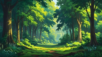 green forest with sun rays