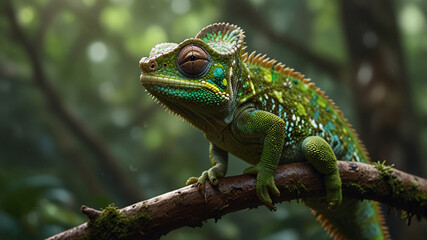 Textured Green Chameleon Resting on Mossy Jungle Branch with Vivid Detail and Soft Bokeh

