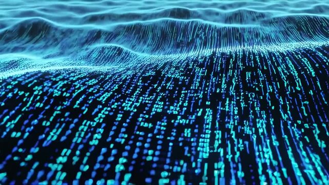 Abstract Blue Data Stream Visualization with Binary Code on Wavy Surface Background