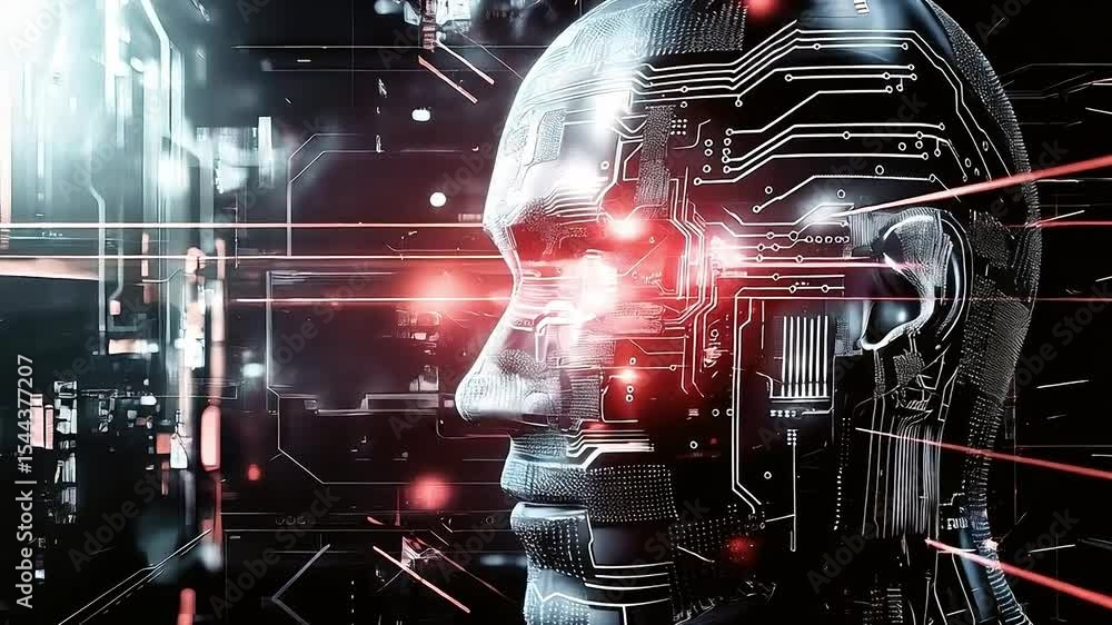 Poster artificial intelligence scanning data with red laser beams