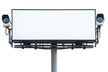Obraz premium A blank billboard with an isolated white background. The billboard is large and has a black frame, with two columns of light inside the left side for advertising.