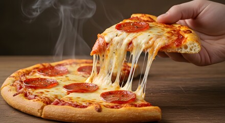 Steamy hot pizza slice lifted by hand with gooey cheese stretch