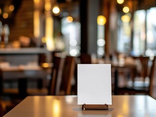 A blank white menu holder standing on the table in front of an empty restaurant background, with other tables and chairs visible in the blurred backdrop.
