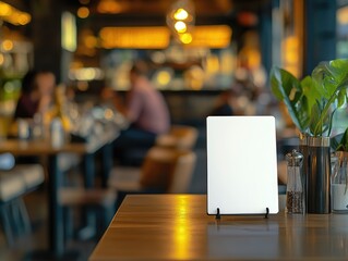 A blank white menu holder standing on the table in front of an empty restaurant background, with other tables and chairs visible in the blurred backdrop.