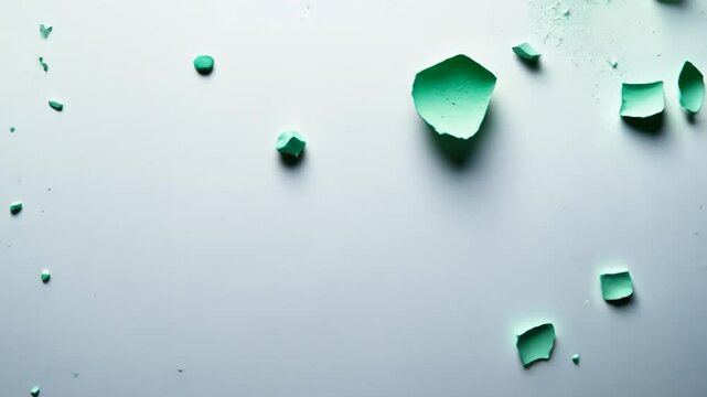 Broken eggshell fragments light teal surface minimalist background