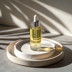 Naklejka premium Elegant Serum Bottle with Dropper on Decorative Trays Bathed in Soft Sunlight with Tropical Leaf Shadows for a Spa Aesthetic