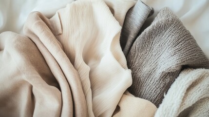 A variety of neutral colors of fashionable clothing made from soft and smooth materials