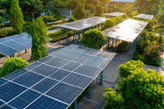 Solar panels placed in a vibrant garden, harnessing solar energy to power the surroundings.