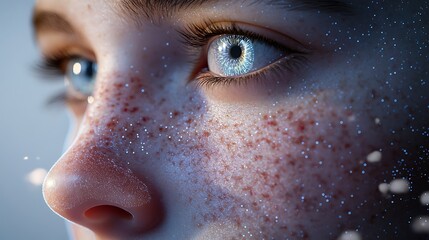 Close-up photorealistic face where DNA strands emerge from pores, subtle neon glow