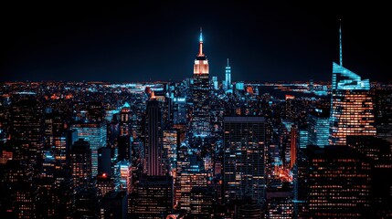 Naklejka premium Nighttime cityscape, vibrant lights on skyscrapers