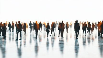Dynamic silhouette of crowd of people walking in busy city on white background