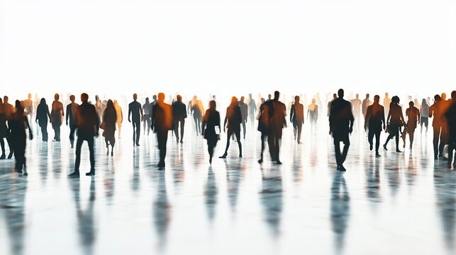 Dynamic silhouette of crowd of people walking in busy city on white background