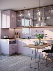 A kitchen with a large island and a large window