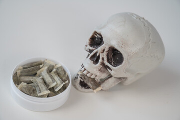 Skull Chewing Tobacco on a White Table.