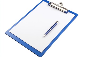 A blue clipboard with blank white paper and a pen, isolated on a white background.