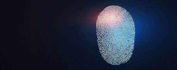 glowing digital fingerprint with red and blue highlights on a dark background symbolizing biometric security and identity verification.