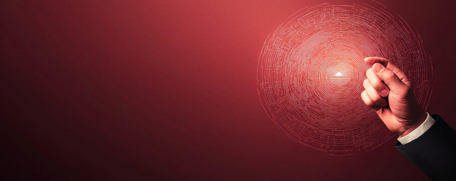 hand in a suit interacts with a glowing digital network interface on a red background, symbolizing technology and connectivity.