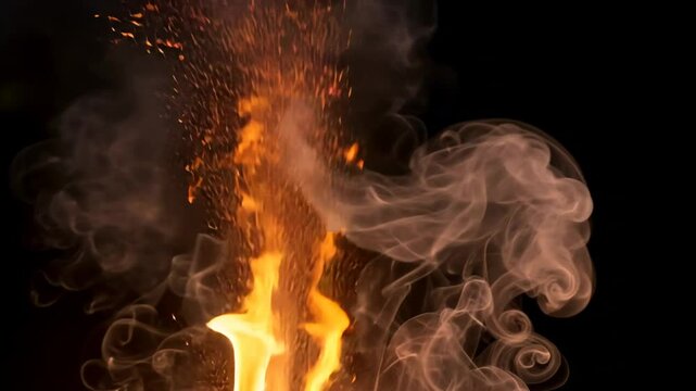 Dramatic Fire and Smoke Texture with Orange Flames Sparks Rising Against Black Background for Creative Visual Effects and Compositing Elements