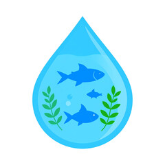 Water Drop Aquarium: A vibrant vector graphic depicting a water droplet containing a miniature aquatic ecosystem, featuring blue fish and lush seaweed.